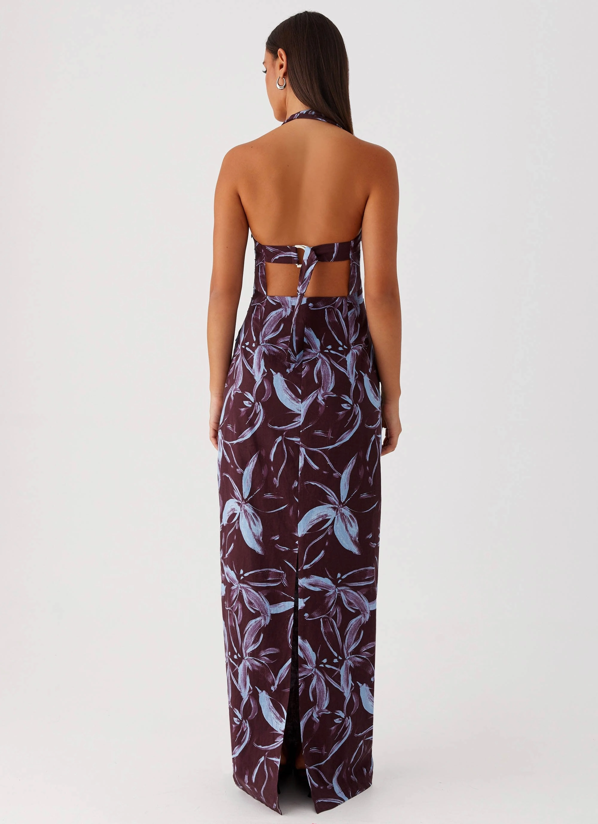 Comfortable Style Fauna Halter Maxi Dress - Brown Purple Floral