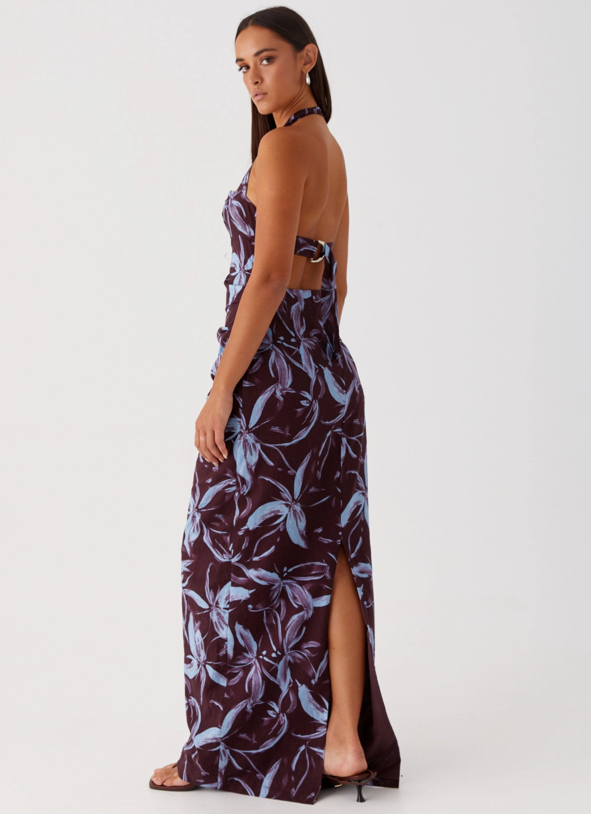 Fauna Halter Maxi Dress - Brown Purple Floral Relax Piece Calm Silhouette