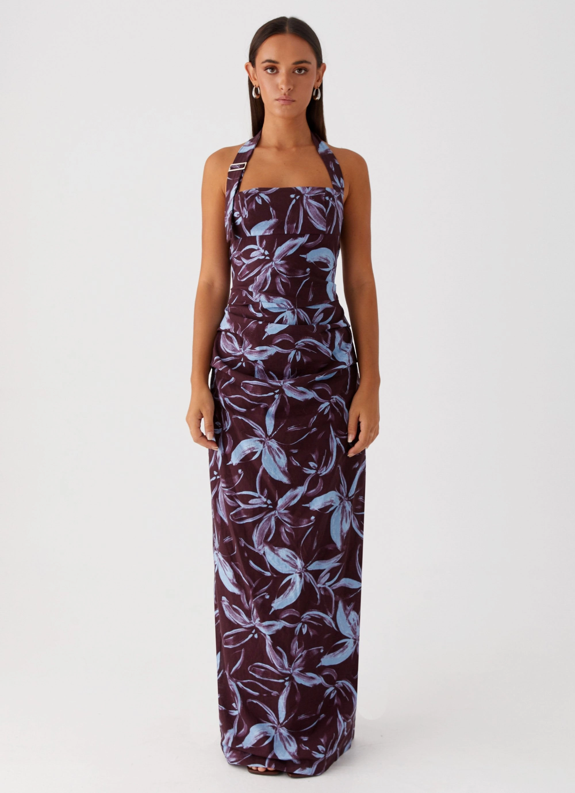Fauna Halter Maxi Dress - Brown Purple Floral Balanced Shape