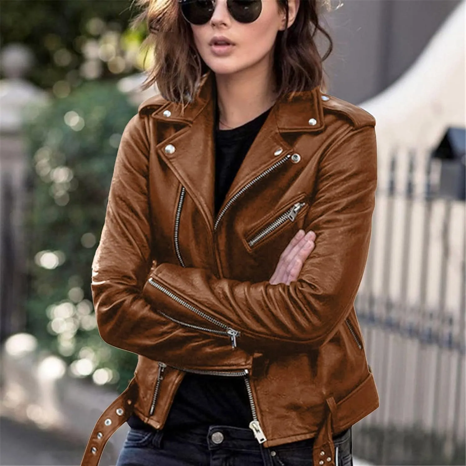 Faux Leather Jacket for Women, Moto Biker Motocycle Coat Lightweight Blazer Fashion Cropped Bomber Jackets Outerwear