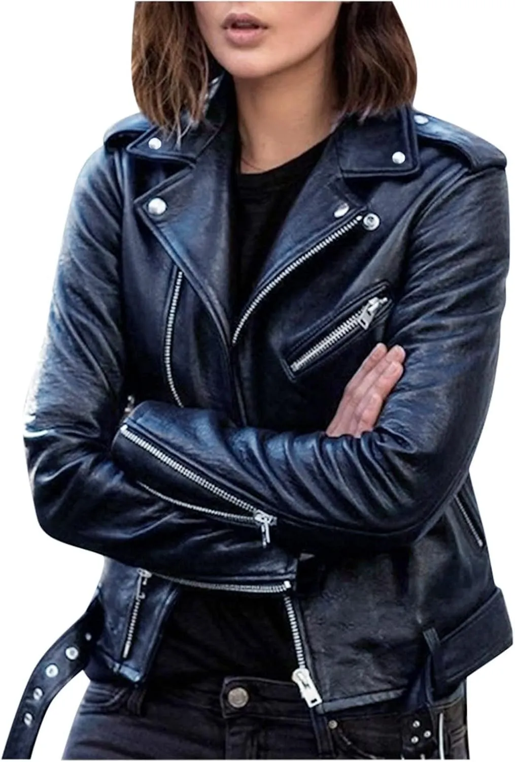 Faux Leather Jacket for Women, Moto Biker Motocycle Coat Lightweight Blazer Fashion Cropped Bomber Jackets Outerwear