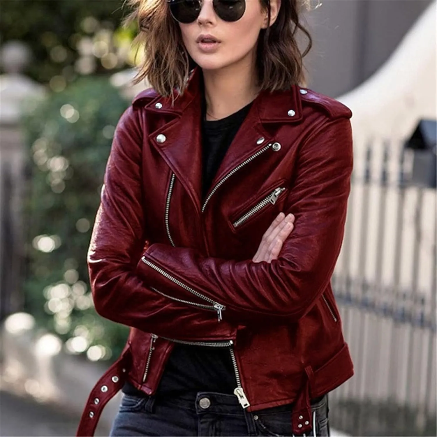 Faux Leather Jacket for Women, Moto Biker Motocycle Coat Lightweight Blazer Fashion Cropped Bomber Jackets Outerwear