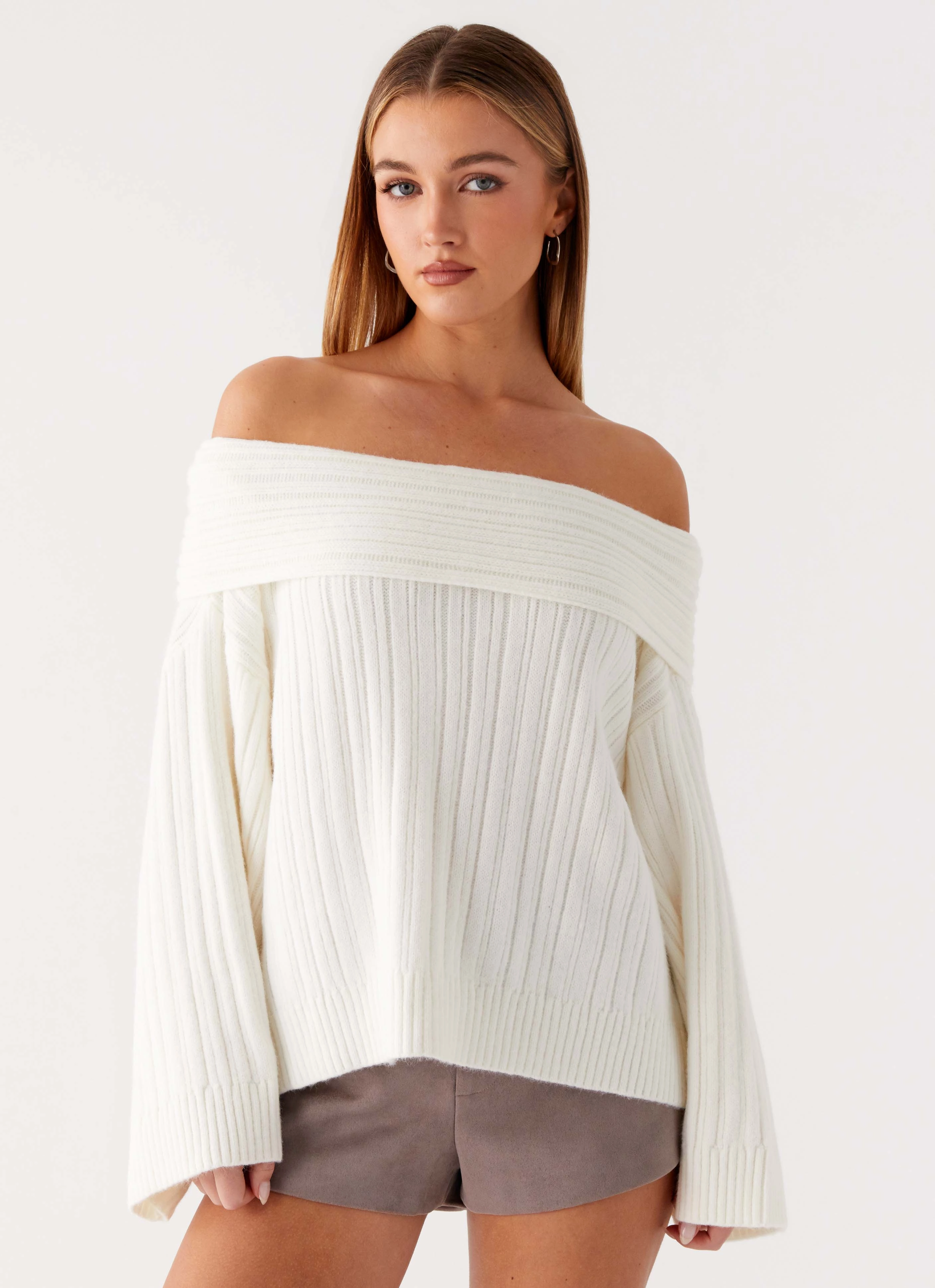 WrinkleResistant Fabric Federica Off Shoulder Knit - White
