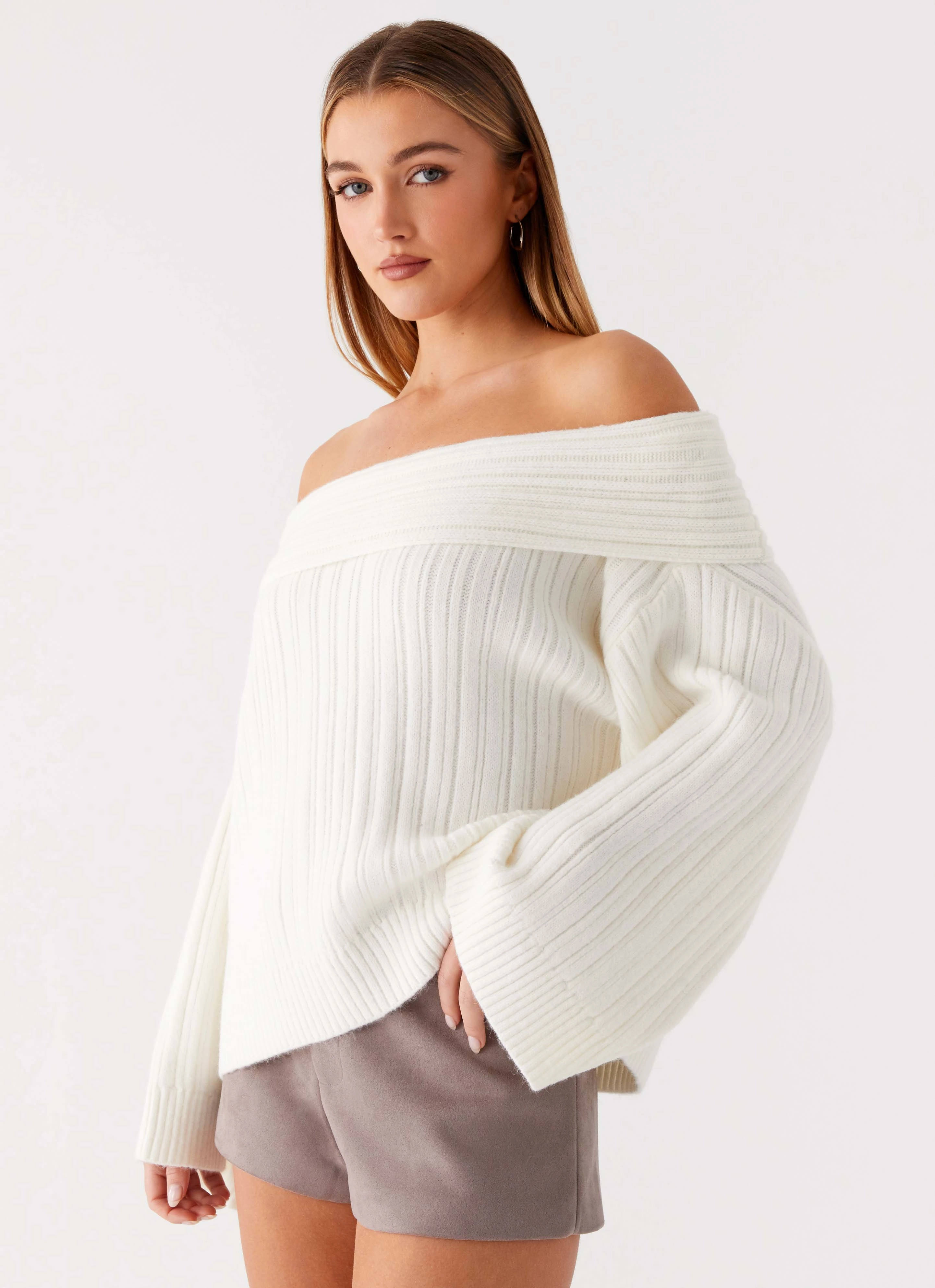 Tension Balanced Design Layered Neckline Federica Off Shoulder Knit - White