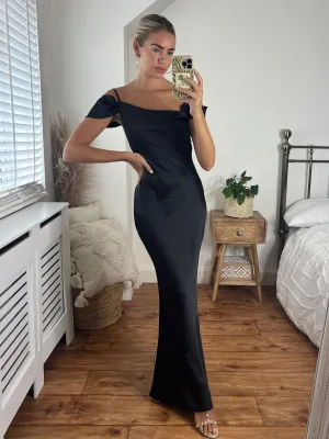 Felicity Cold Shoulder Satin Maxi Dress / Black Shine Finish