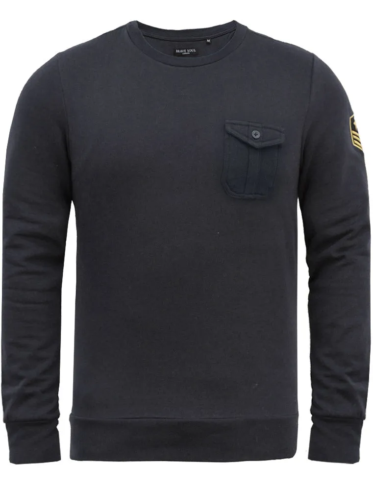 Fiction Crew Neck Military Sweatshirt with Aviator Badge in Navy
