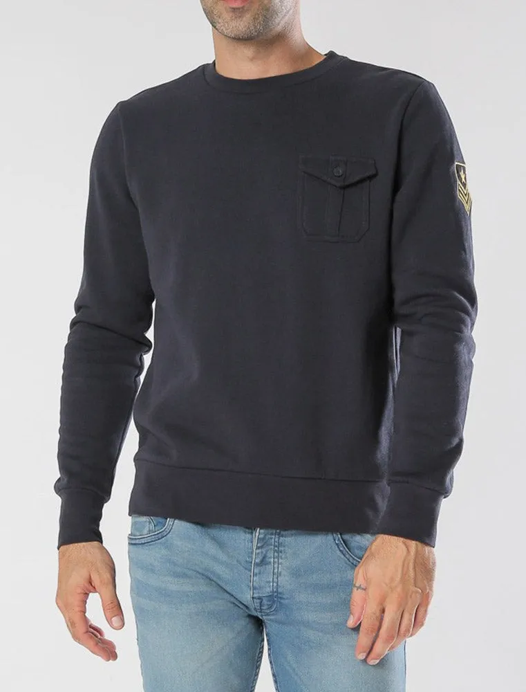 Fiction Crew Neck Military Sweatshirt with Aviator Badge in Navy