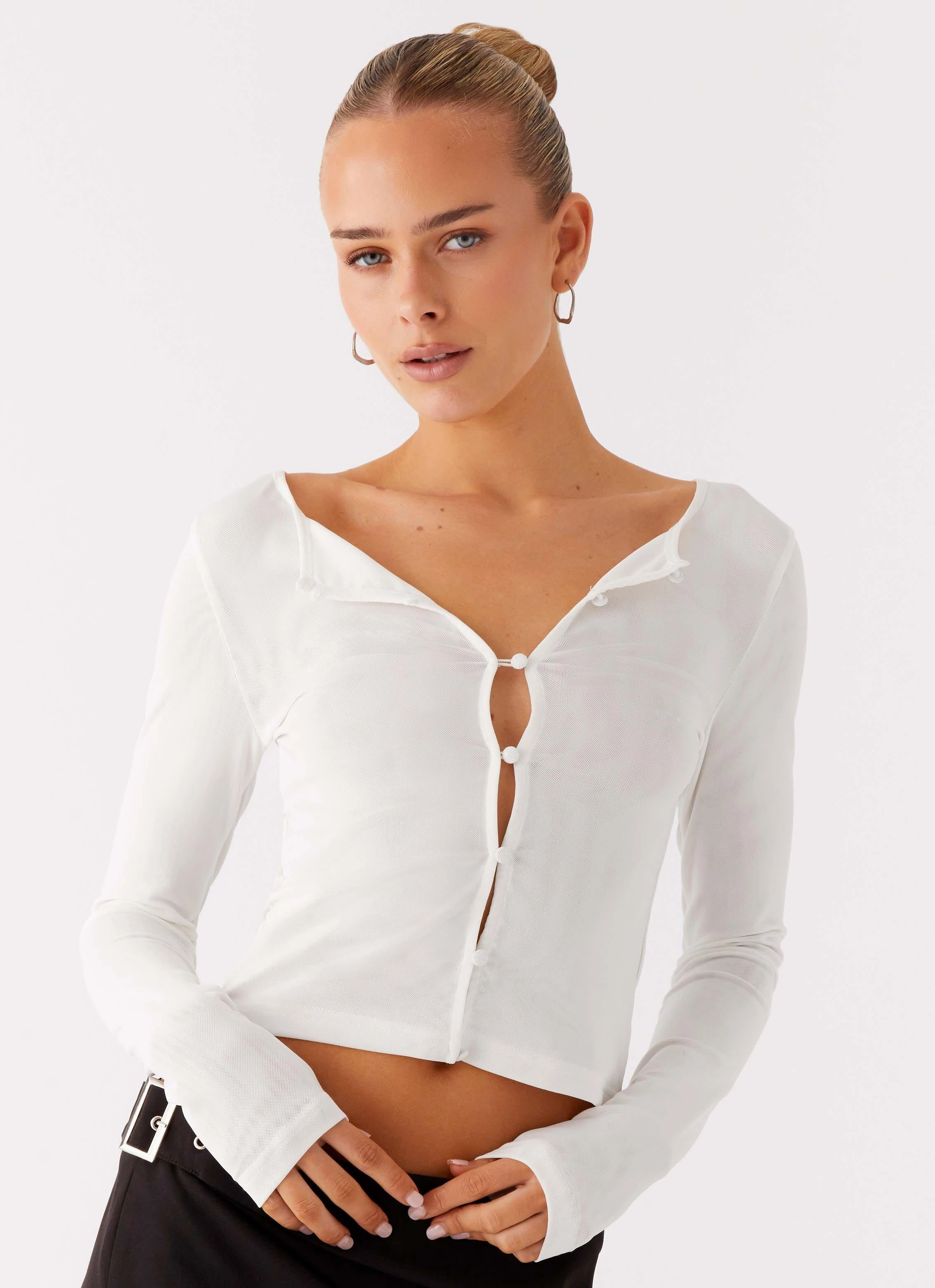 Fifth Ave Mesh Long Sleeve Top - Off White Linen Blend Fabric Stretch Technology