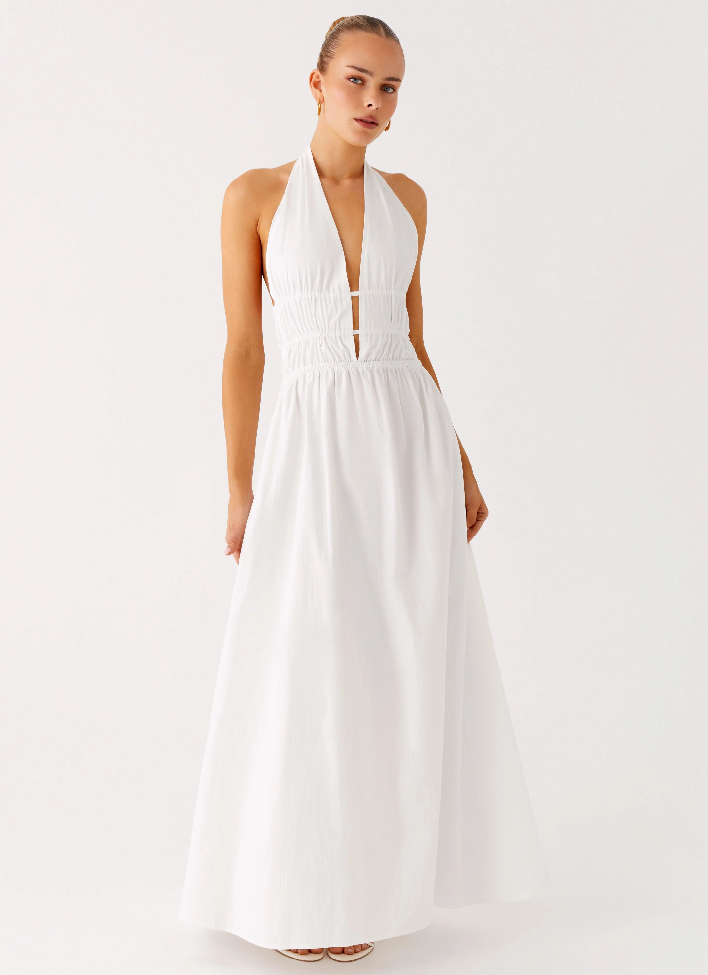 Lightweight warm-weather dress Tailored Waistband Figaro Halter Maxi Dress - White