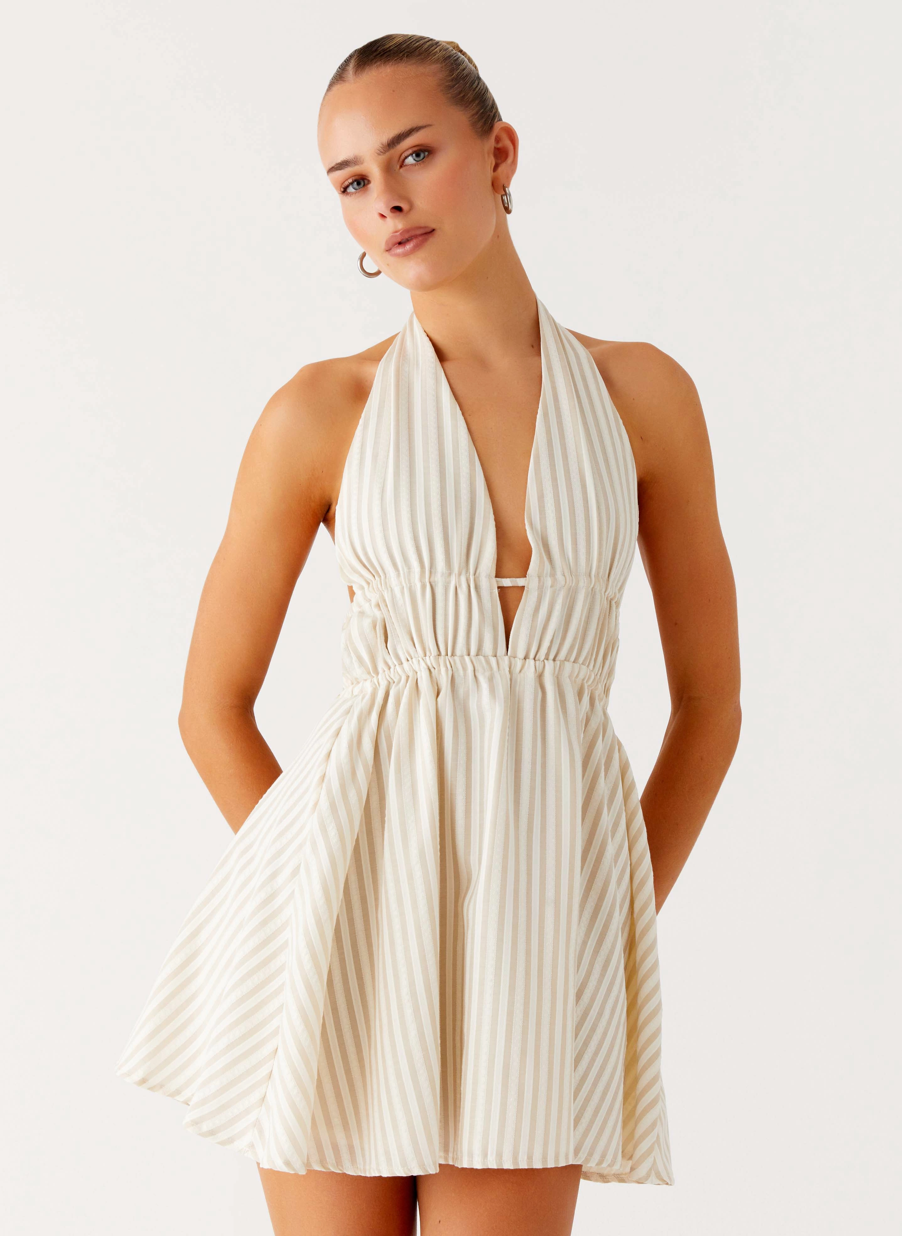 Classic wrap dress Figaro Halter Mini Dress - Taupe Stripe