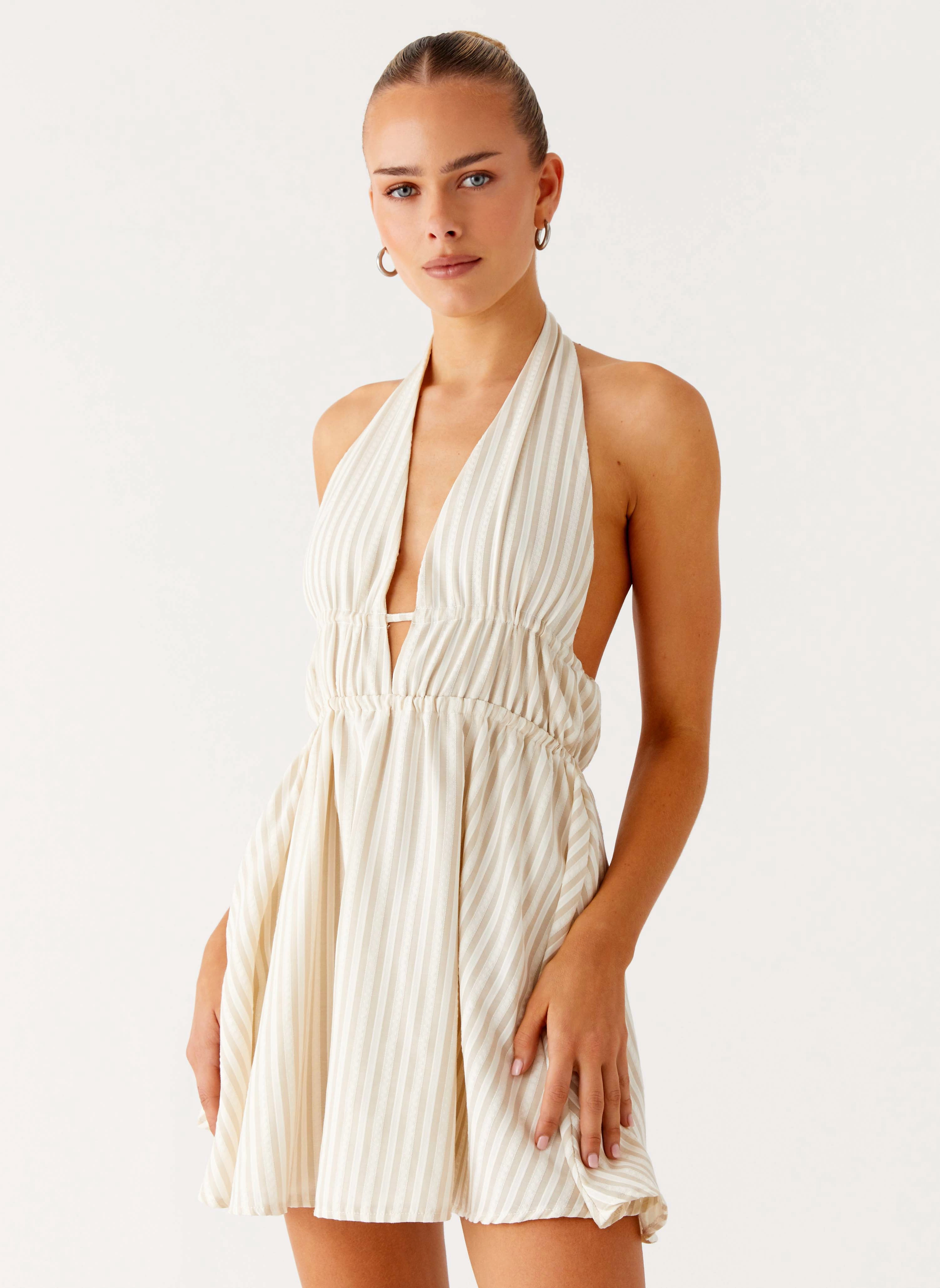 Figaro Halter Mini Dress - Taupe Stripe velvet feel Feather Light