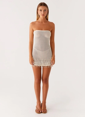 Carpe Diem Crochet Mini Dress - Ivory Trendy Waistband Event Mood