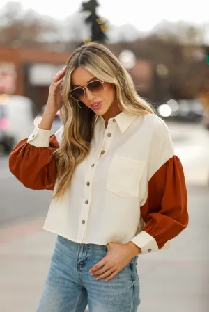 FINAL SALE - Picturesque Charm Ivory Color Block Corduroy Button-Up Top
