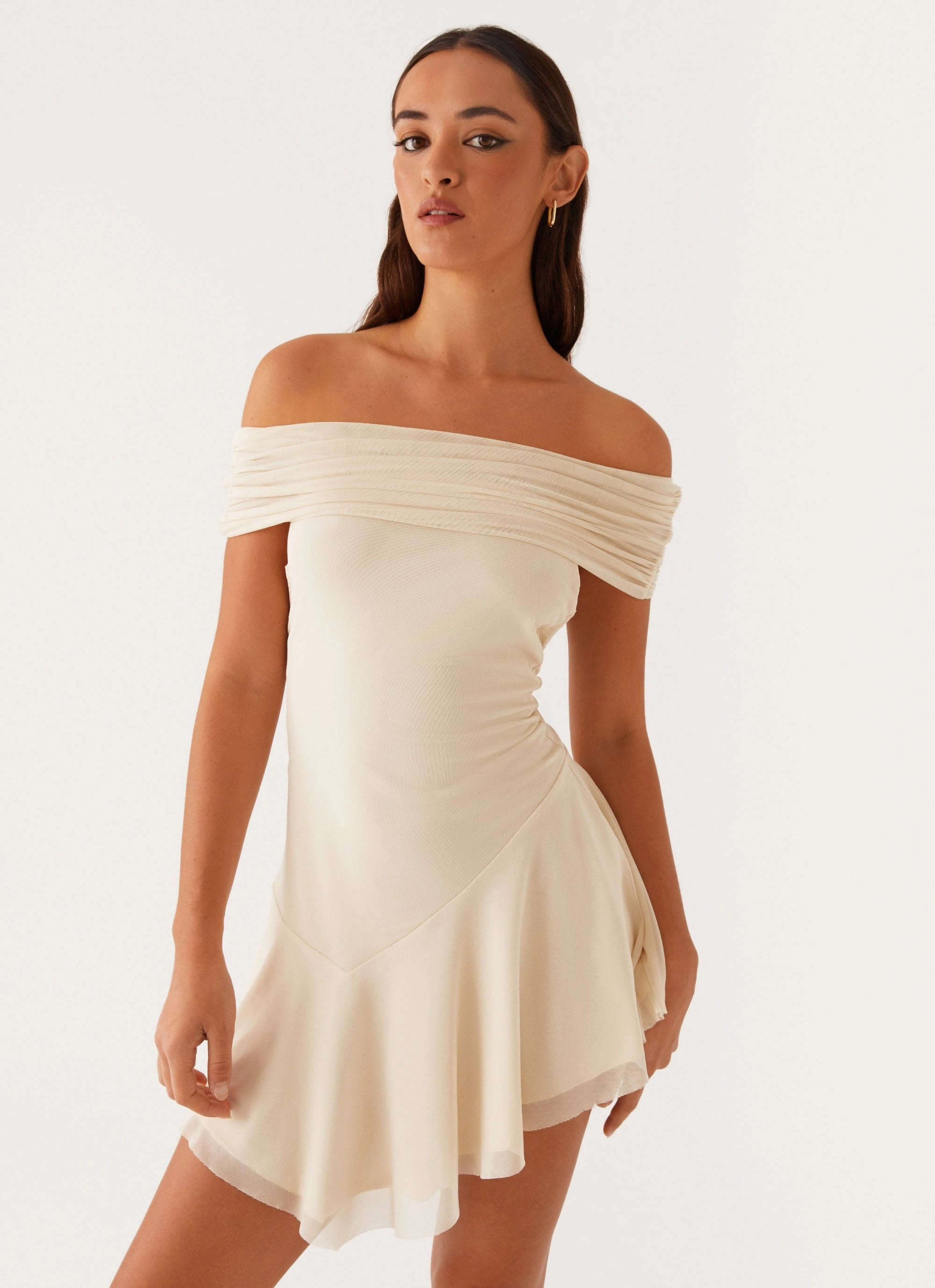 Finola Off Shoulder Mini Dress - Pastel Yellow Regular-fit Soft Balance