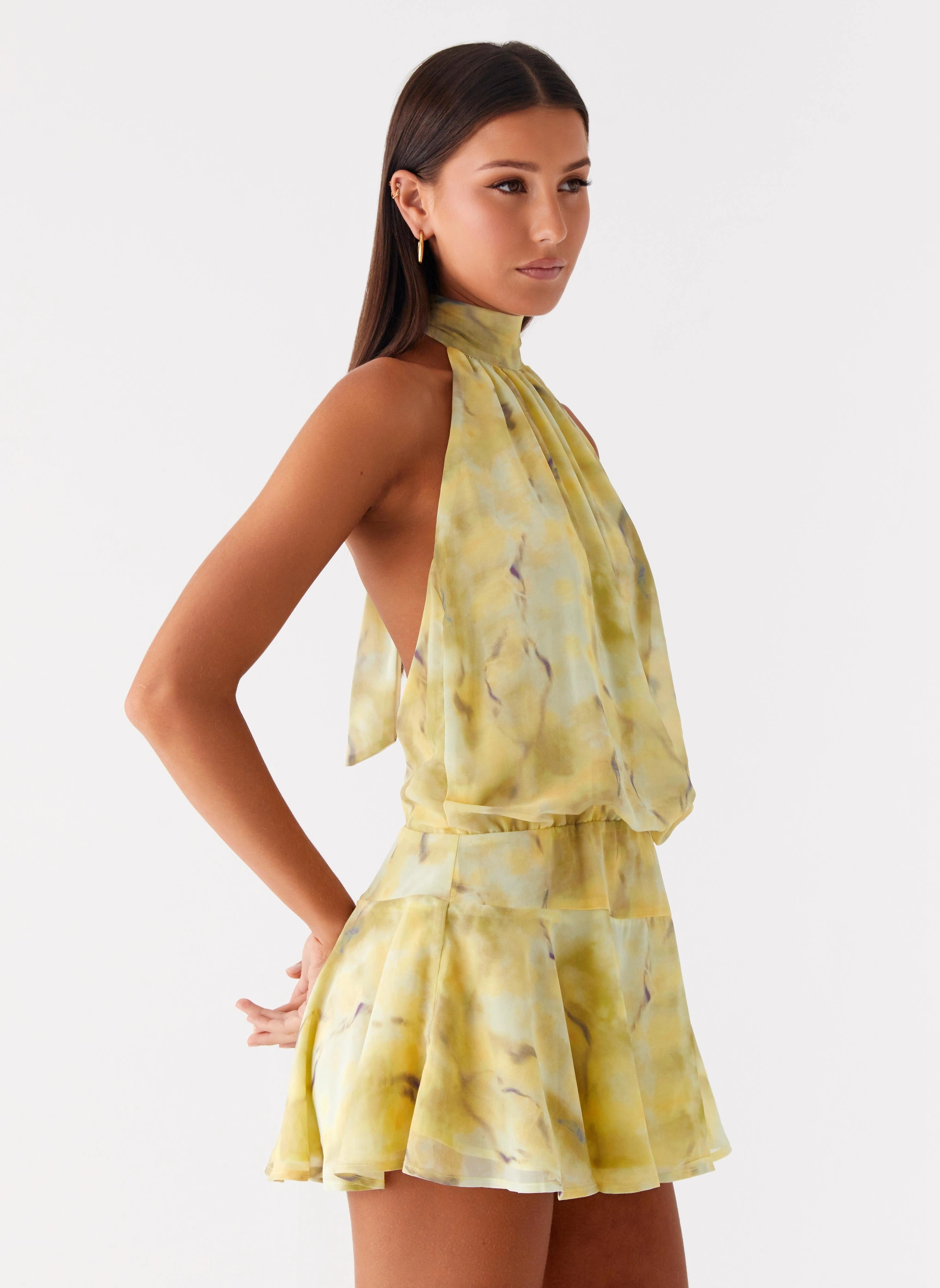First Date Halter Mini Dress - Yellow Tie Dye Elegant Style Soft Profile