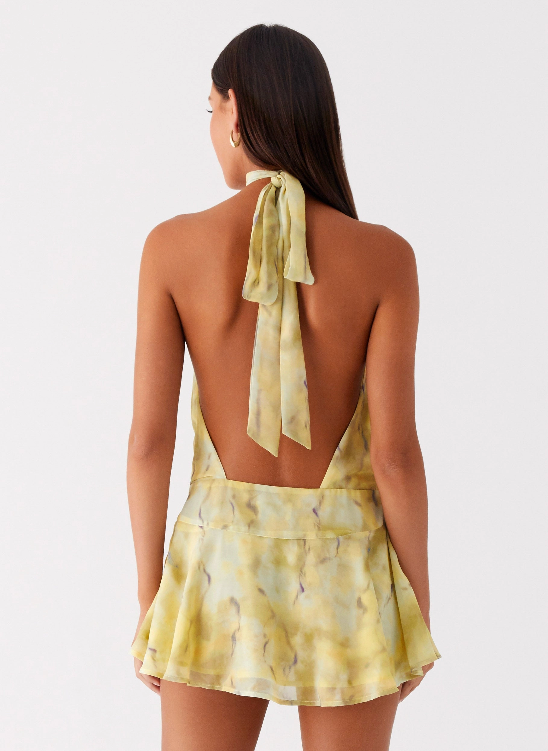 First Date Halter Mini Dress - Yellow Tie Dye Elegant Comfort Wave Soft
