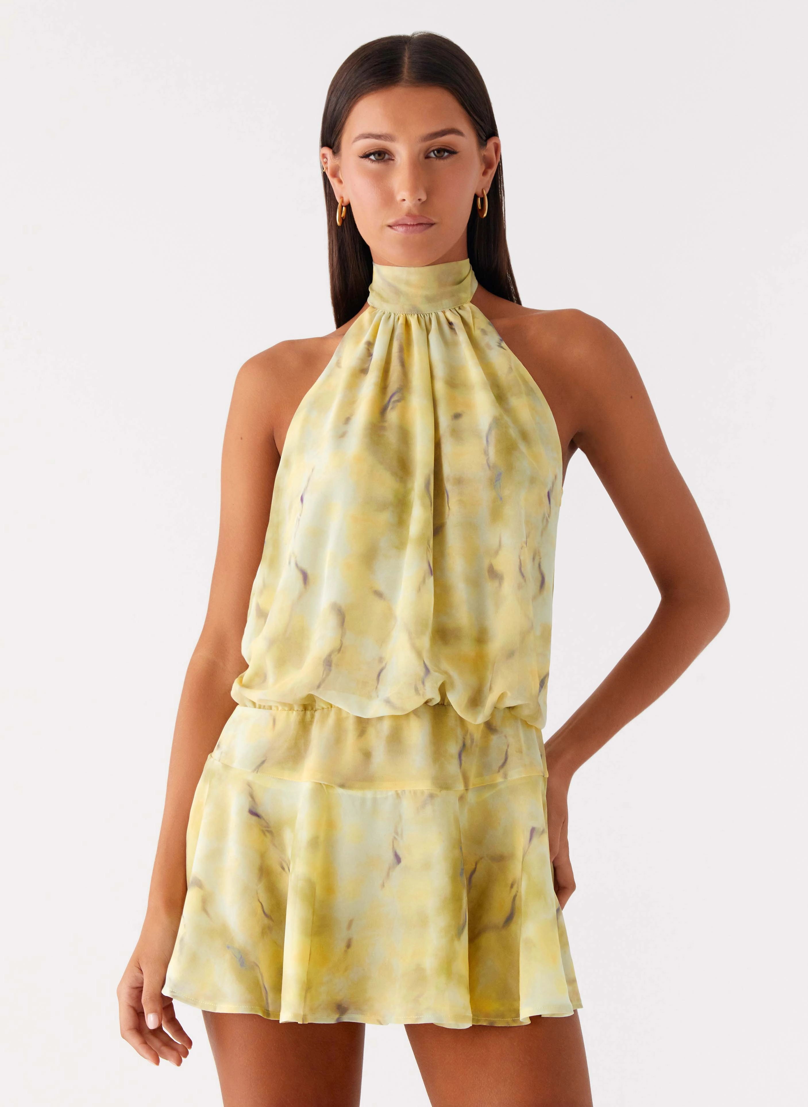 Smart Vibe Comfy Yet Stylish First Date Halter Mini Dress - Yellow Tie Dye