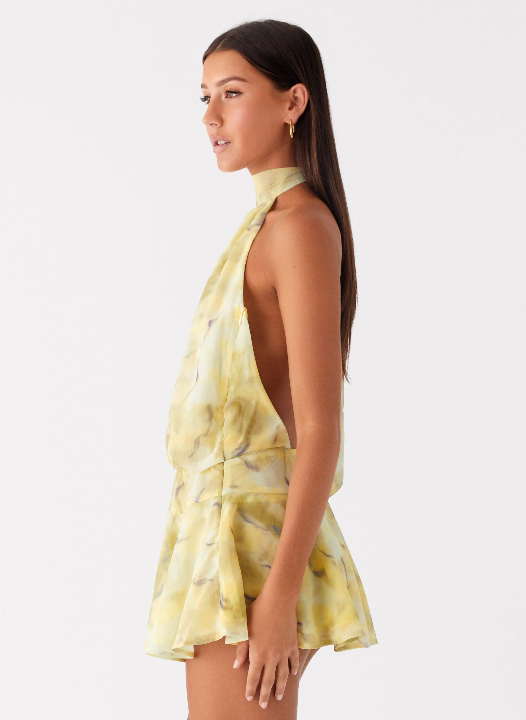 First Date Halter Mini Dress - Yellow Tie Dye Sophisticated Design