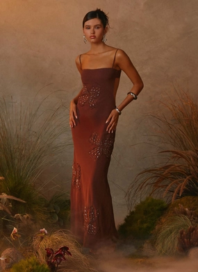 Stain-Resistant Bayla Beaded Flower Maxi Dress - Chocolate