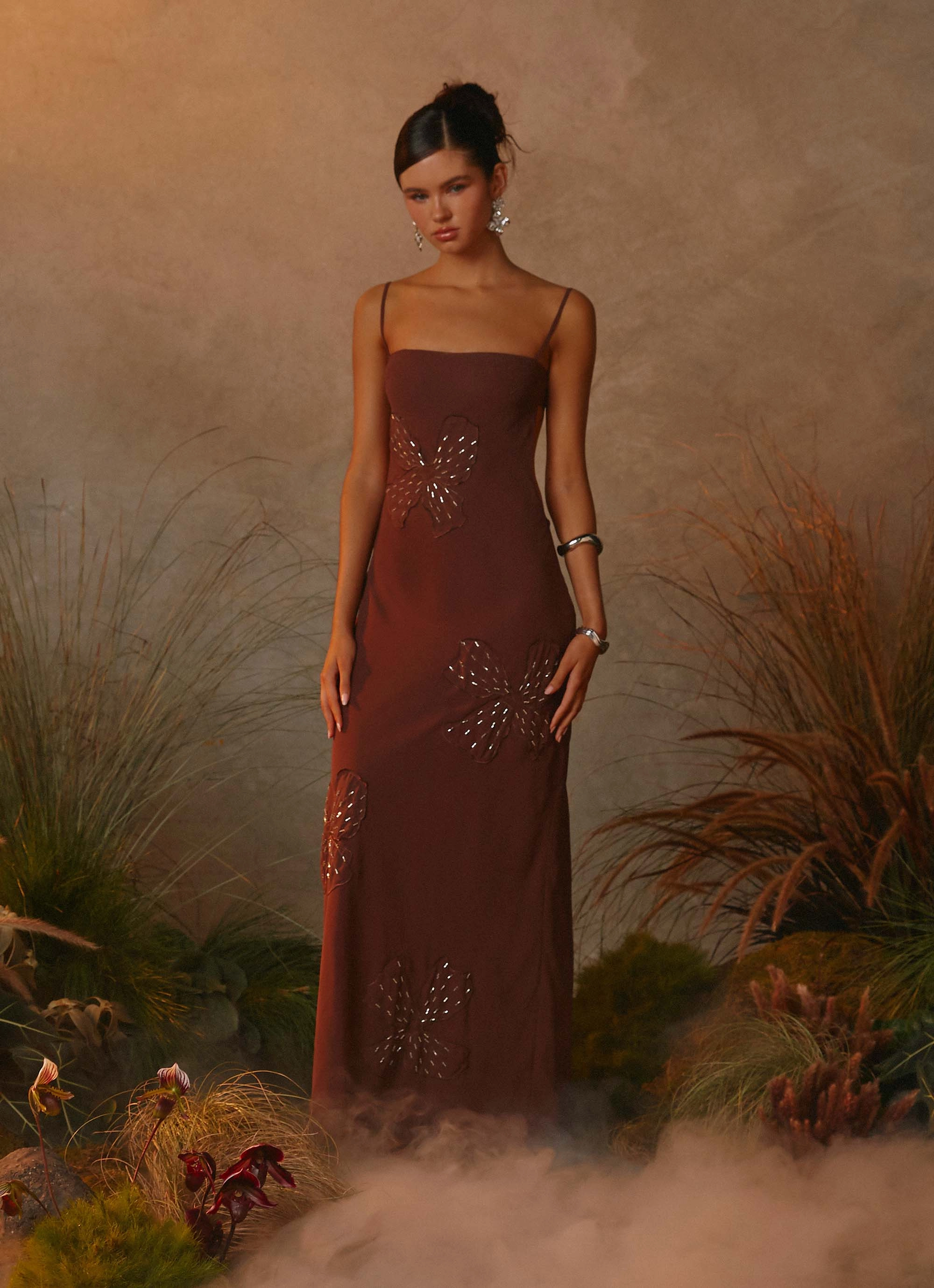 Bayla Beaded Flower Maxi Dress - Chocolate Year Round Summer Staple