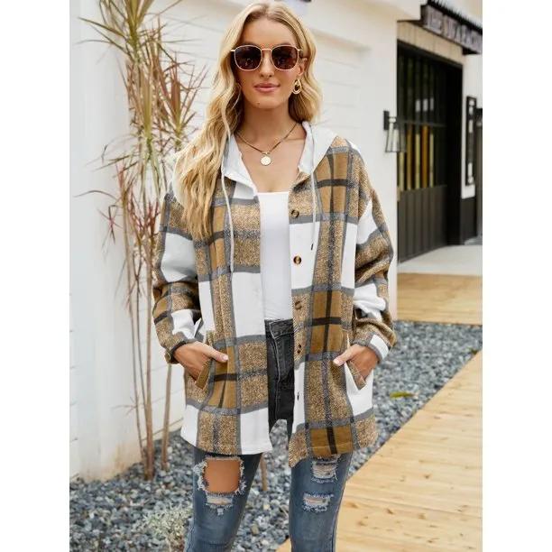 Flannel Shirts for Women Button Down Plaid Shirt Hooded Shacket Jacket with Pocket