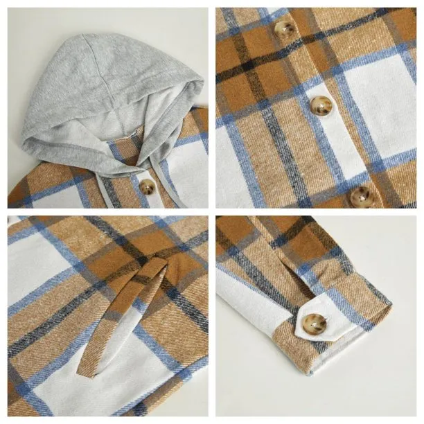Flannel Shirts for Women Button Down Plaid Shirt Hooded Shacket Jacket with Pocket
