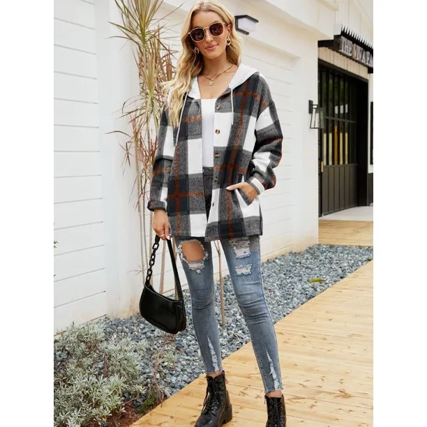 Flannel Shirts for Women Button Down Plaid Shirt Hooded Shacket Jacket with Pocket