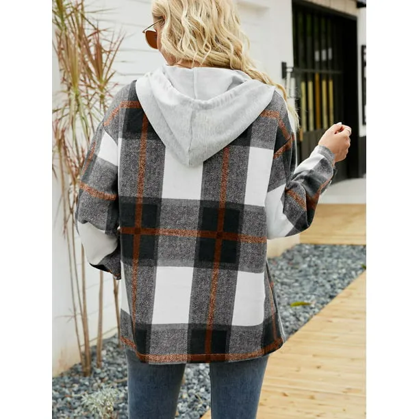 Flannel Shirts for Women Button Down Plaid Shirt Hooded Shacket Jacket with Pocket