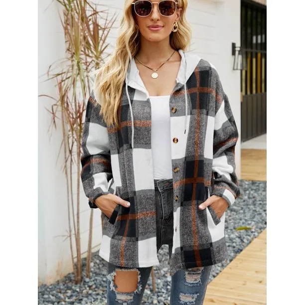 Flannel Shirts for Women Button Down Plaid Shirt Hooded Shacket Jacket with Pocket