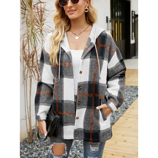 Flannel Shirts for Women Button Down Plaid Shirt Hooded Shacket Jacket with Pocket