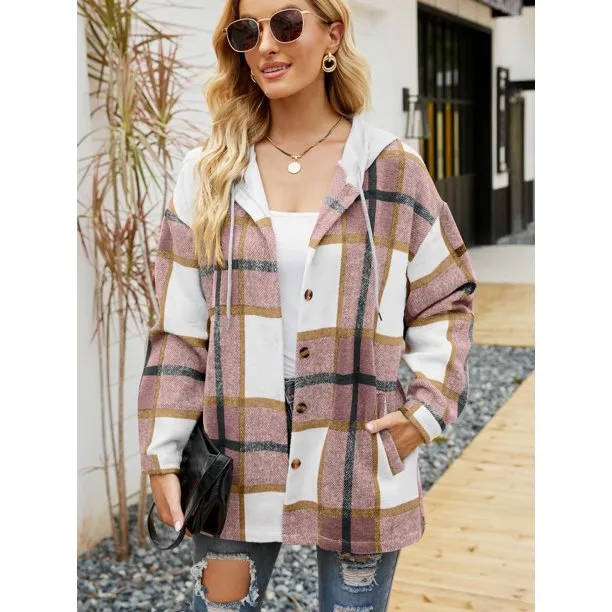 Flannel Shirts for Women Button Down Plaid Shirt Hooded Shacket Jacket with Pocket