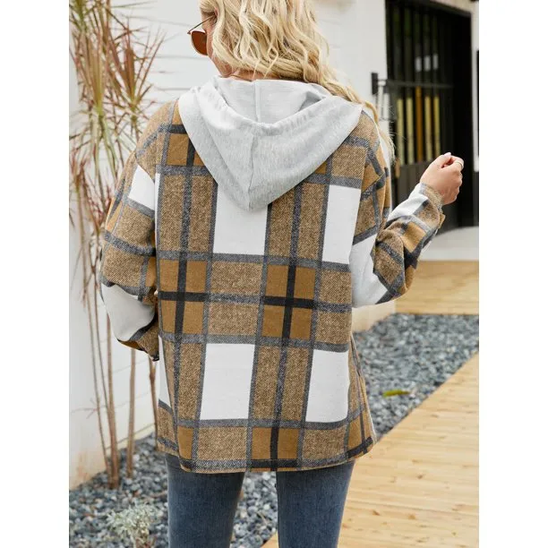Flannel Shirts for Women Button Down Plaid Shirt Hooded Shacket Jacket with Pocket