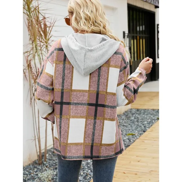 Flannel Shirts for Women Button Down Plaid Shirt Hooded Shacket Jacket with Pocket