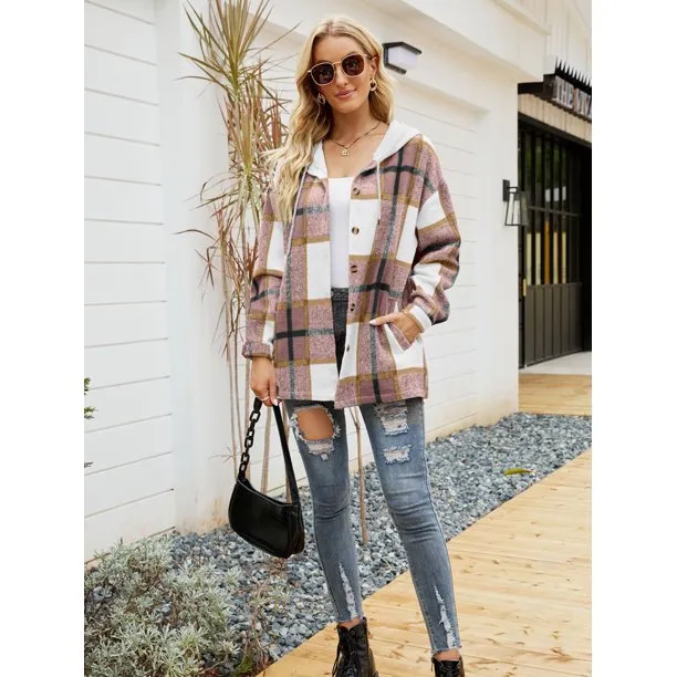 Flannel Shirts for Women Button Down Plaid Shirt Hooded Shacket Jacket with Pocket