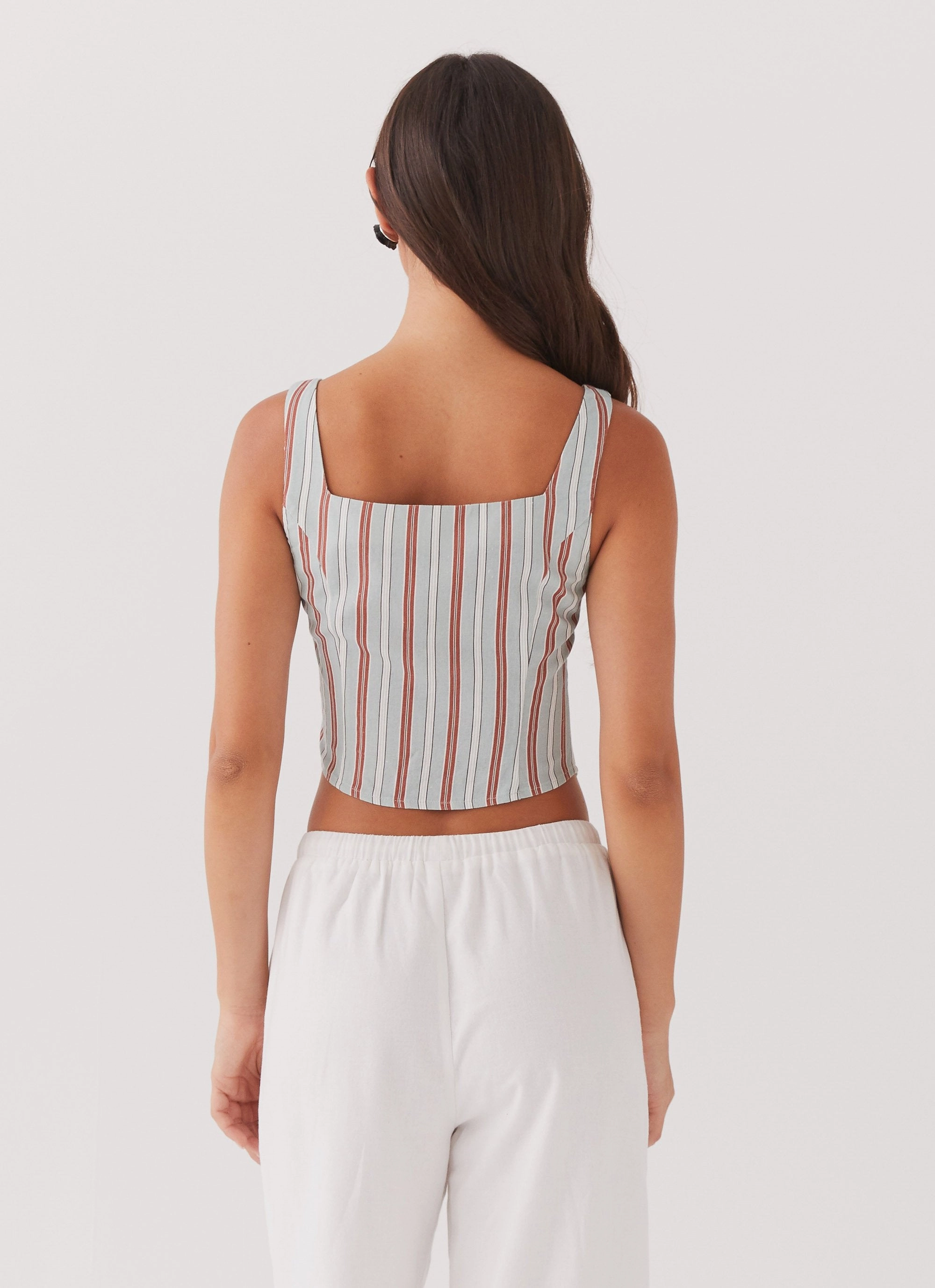 Oasis Dreams Linen Tie Top - Coastal Stripe Basic Long Sleeve Smooth Zipper Integration