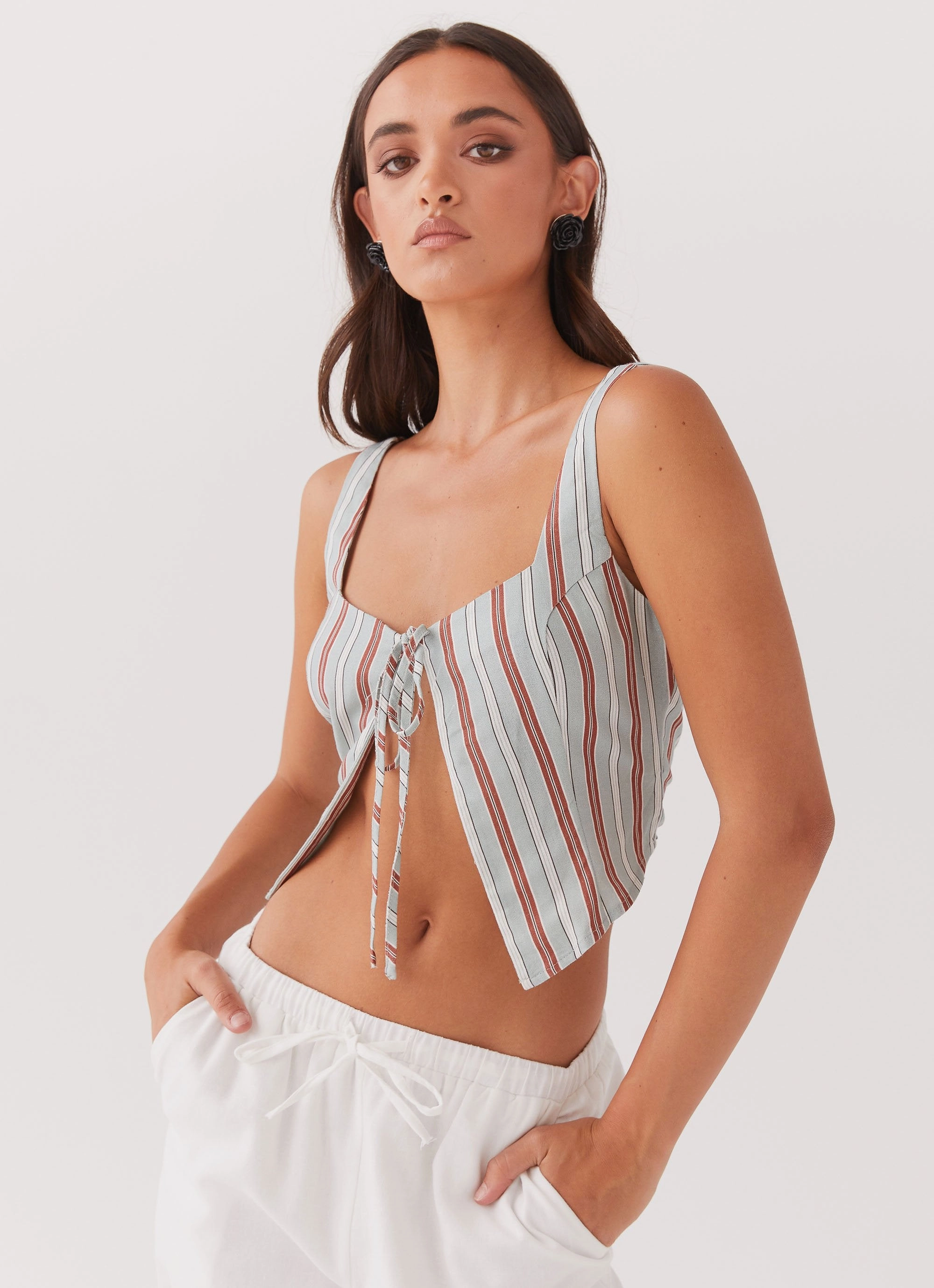 Oasis Dreams Linen Tie Top - Coastal Stripe Thermal Regulation Fabric