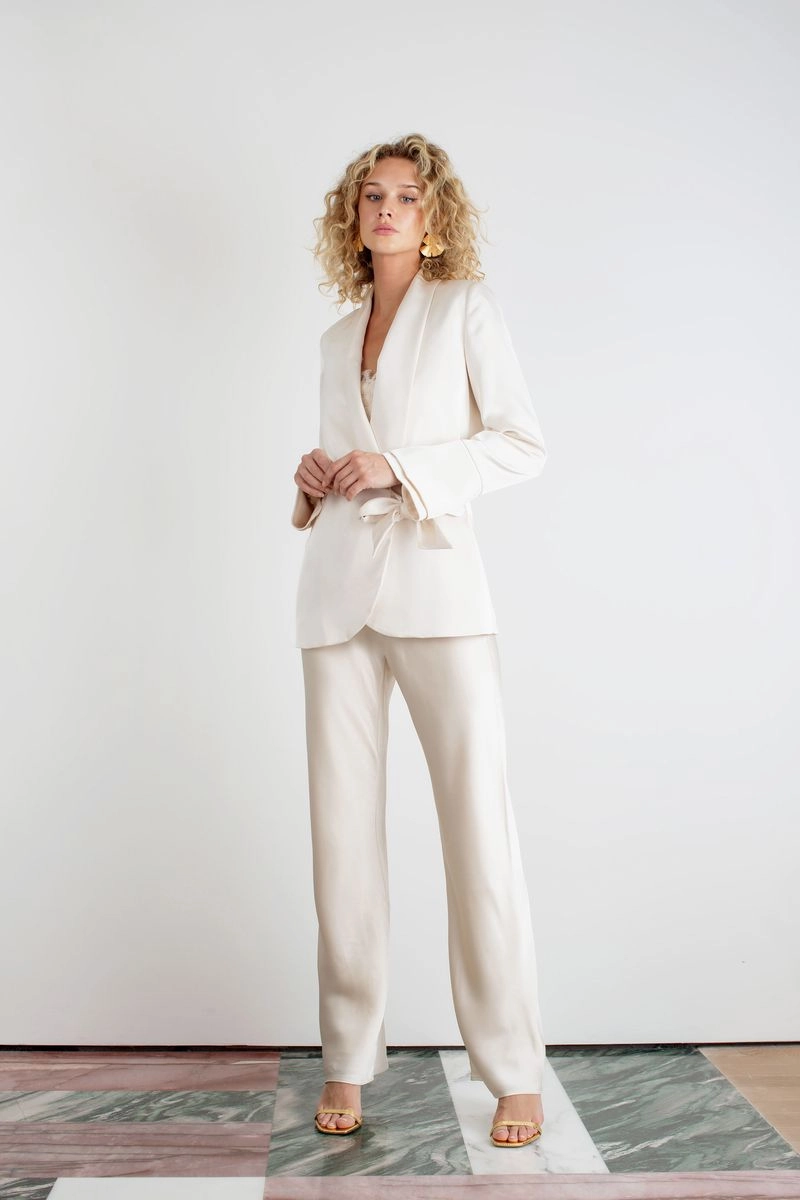 "The Sandra" - Satin Trousers Long (Cream) MoistureWicking Fabric