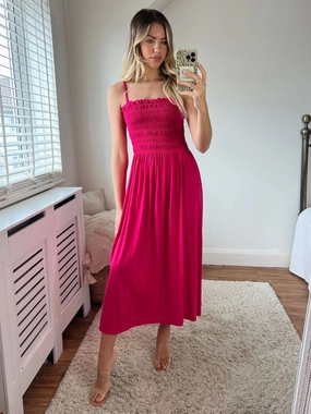 Betty Jersey Shirred Midi Dress / Pink Holiday-Party Elegant Flow