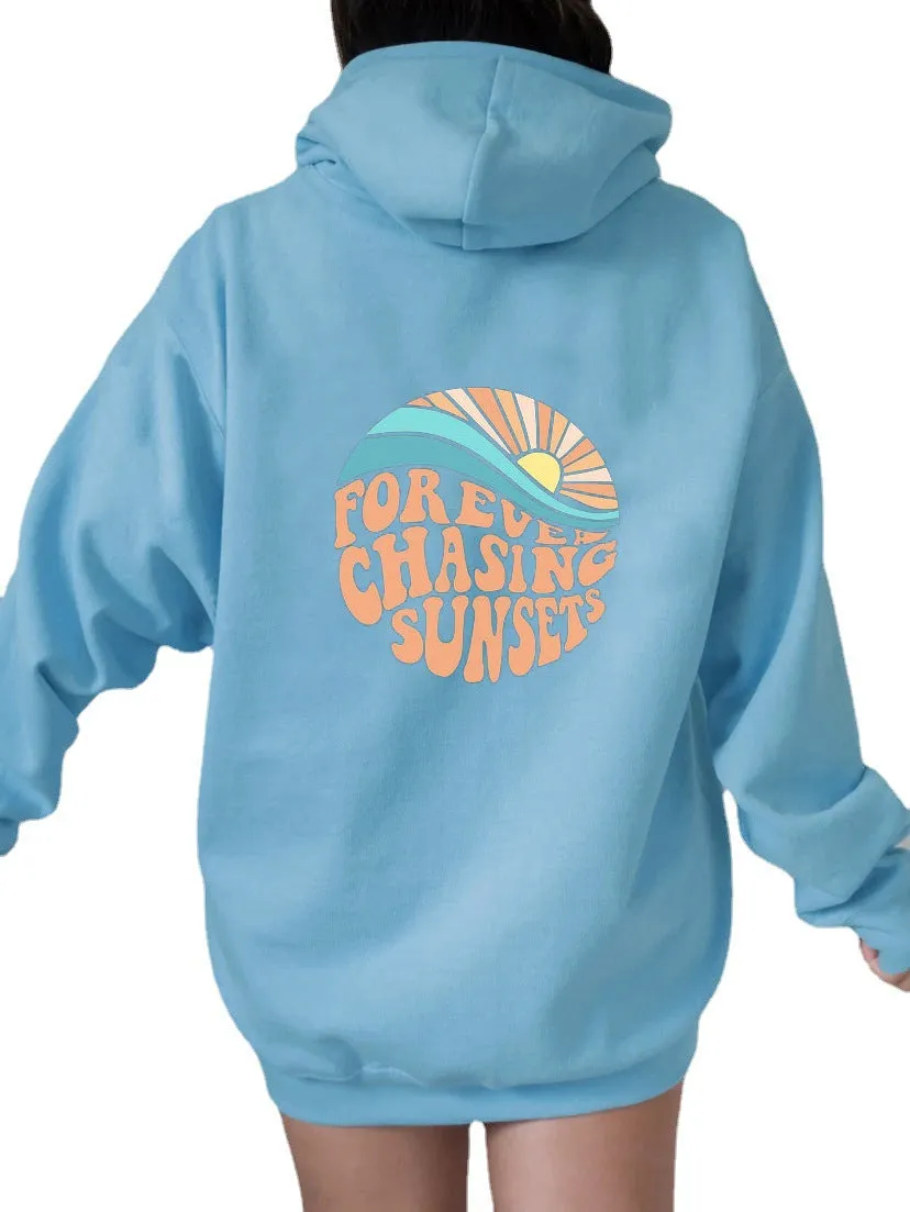 Fleece-lined Sunset Print Kangaroo Pocket Drawstring Hoodie - GlamzLife