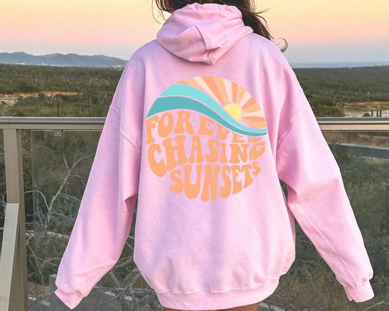 Fleece-lined Sunset Print Kangaroo Pocket Drawstring Hoodie - GlamzLife