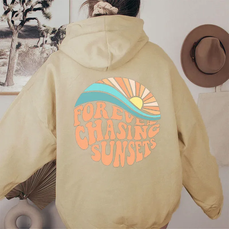 Fleece-lined Sunset Print Kangaroo Pocket Drawstring Hoodie - GlamzLife