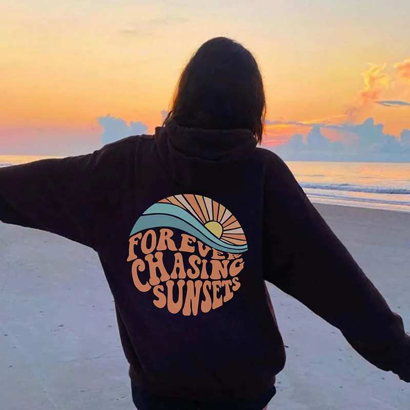 Fleece-lined Sunset Print Kangaroo Pocket Drawstring Hoodie - GlamzLife