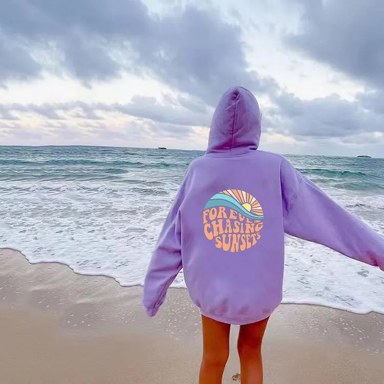 Fleece-lined Sunset Print Kangaroo Pocket Drawstring Hoodie - GlamzLife