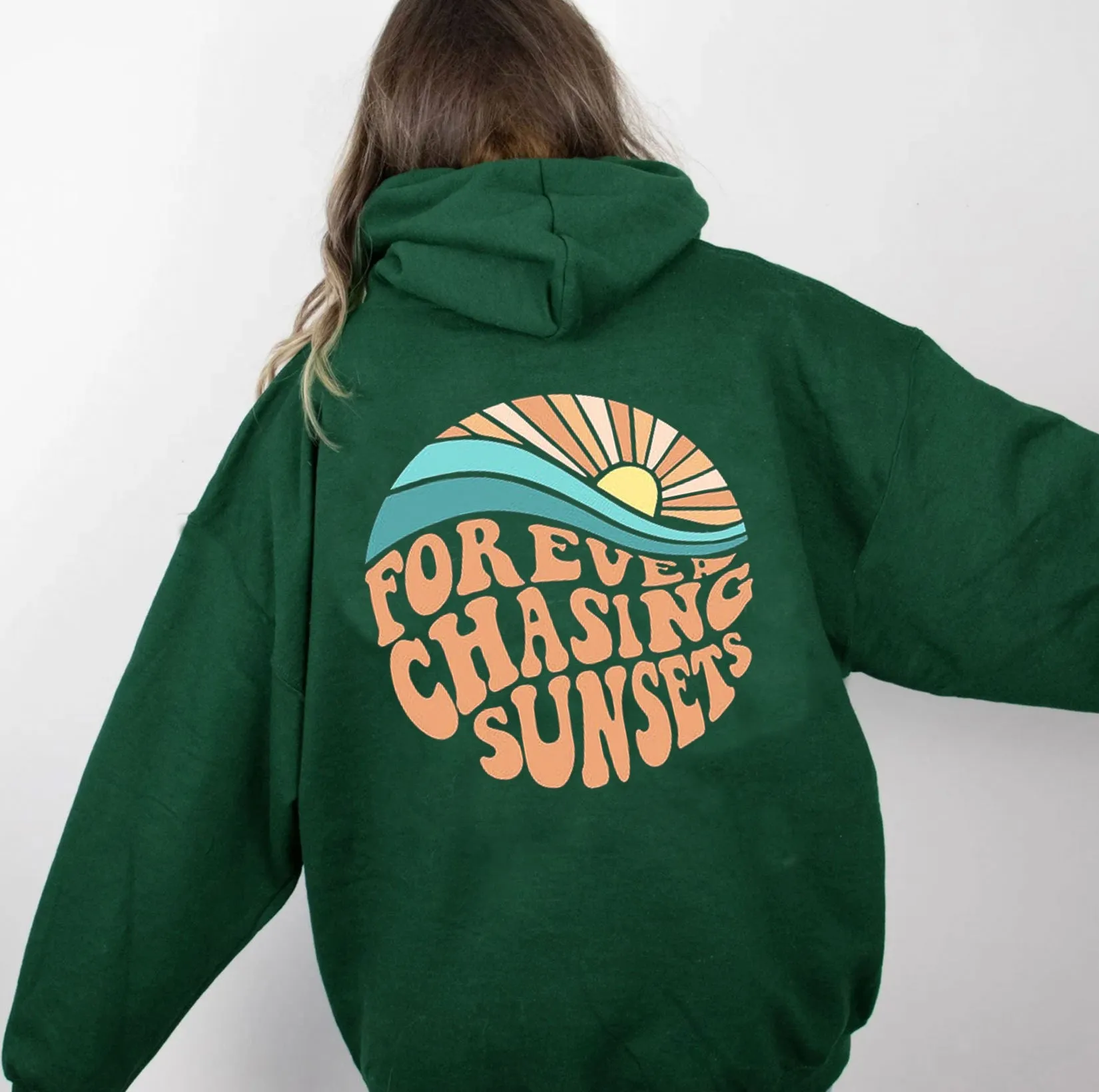 Fleece-lined Sunset Print Kangaroo Pocket Drawstring Hoodie - GlamzLife