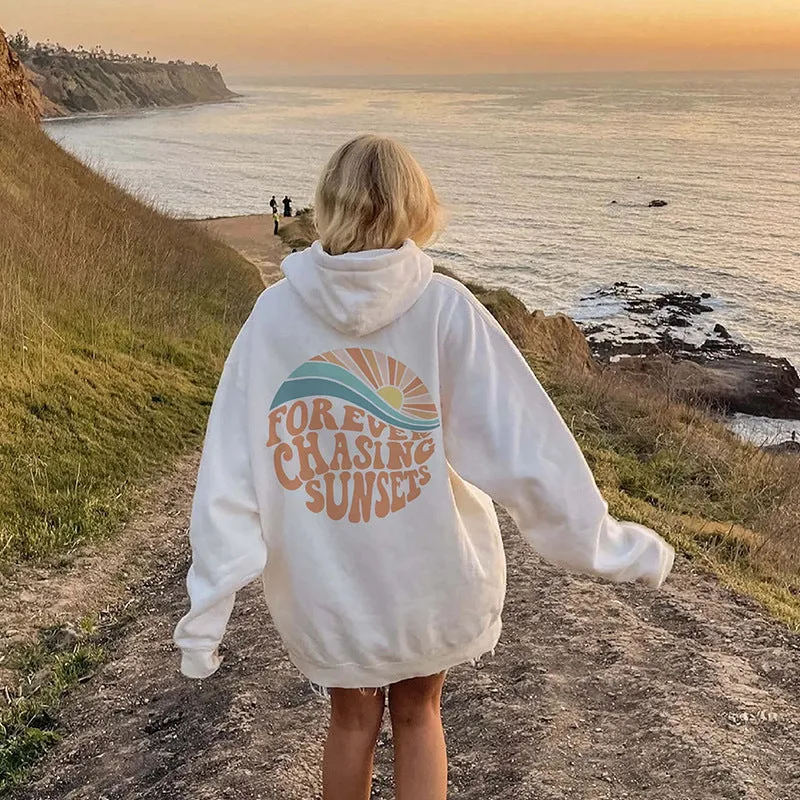 Fleece-lined Sunset Print Kangaroo Pocket Drawstring Hoodie - GlamzLife