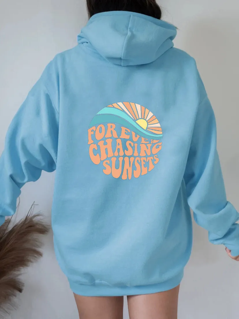 Fleece-lined Sunset Print Kangaroo Pocket Drawstring Hoodie - GlamzLife
