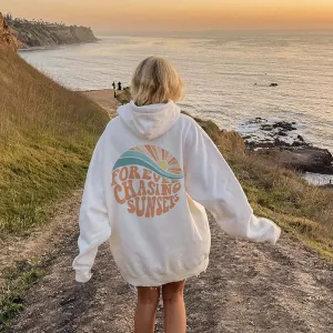 Fleece-lined Sunset Print Kangaroo Pocket Drawstring Hoodie - GlamzLife