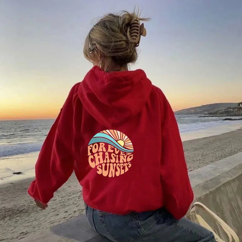 Fleece-lined Sunset Print Kangaroo Pocket Drawstring Hoodie - GlamzLife