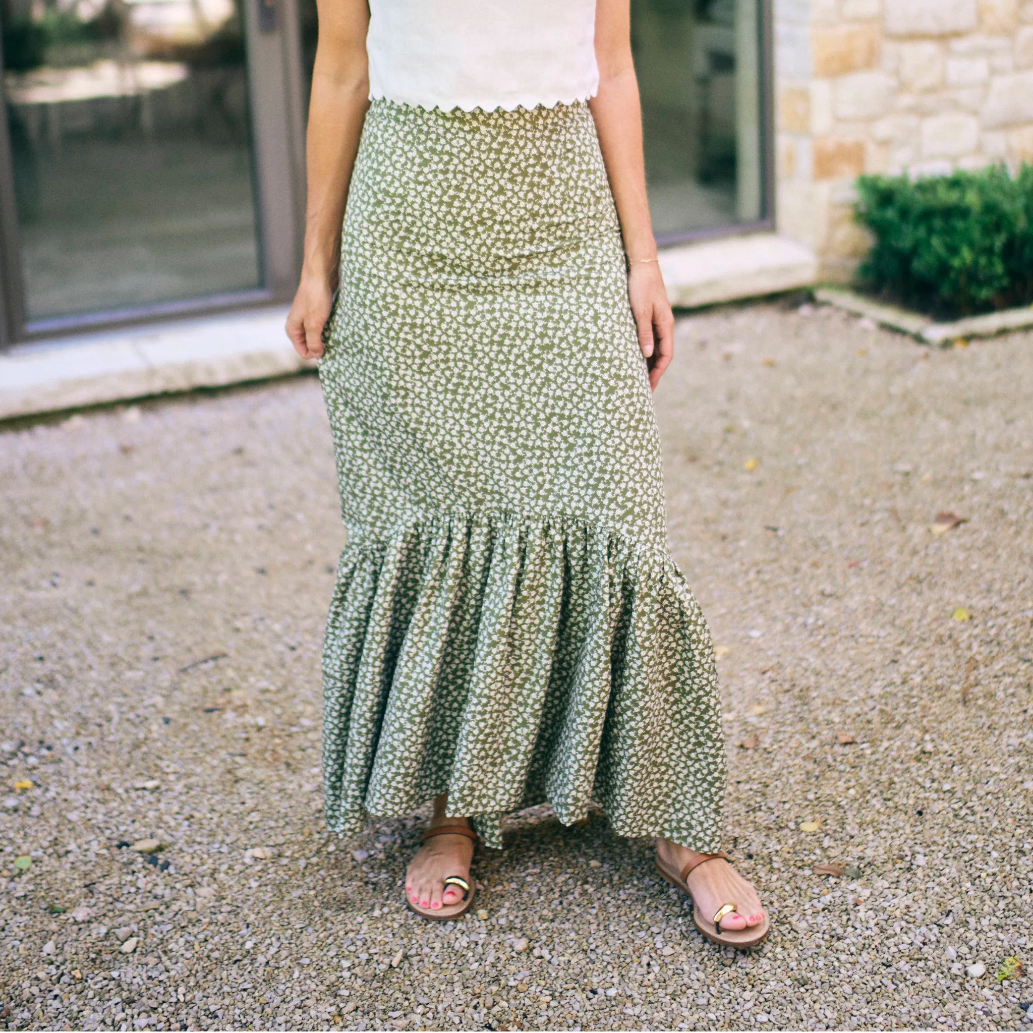 Distressed finish EasyCareFabric MASON'S DAUGHTER | Blythe Skirt, Olive Green & Ivory Printed Poplin