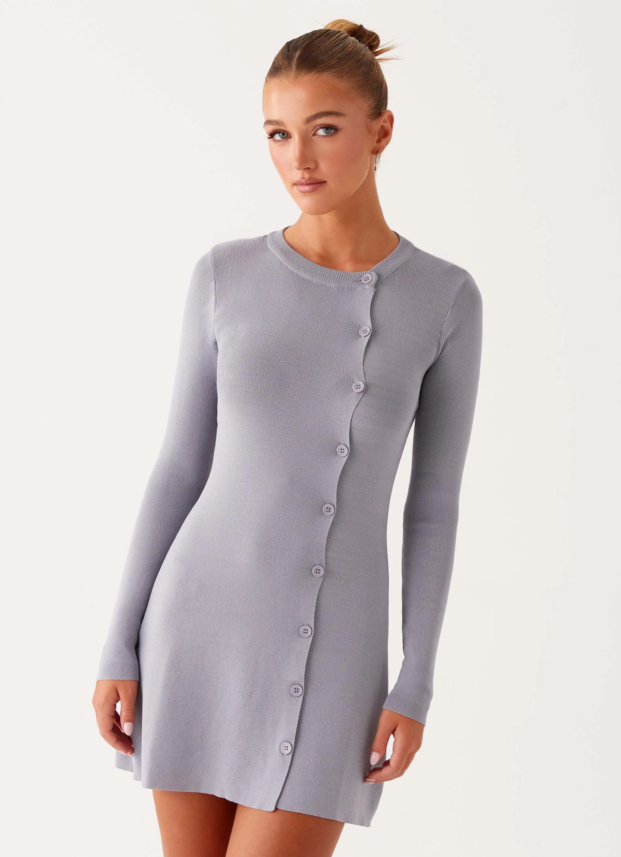 Contemporary Look Flattering Waist Design Not One Time Long Sleeve Knit Mini Dress - Grey